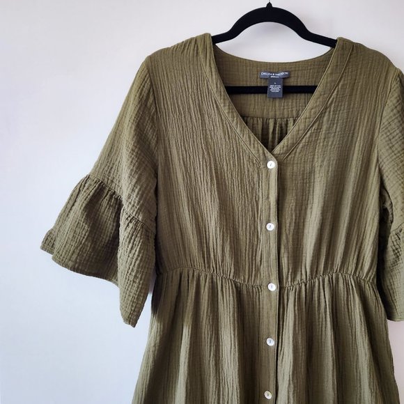 Chelsea and Theodore Moss Green 100% Cotton Double Gauze Midi Dress Size L - Picture 8 of 17